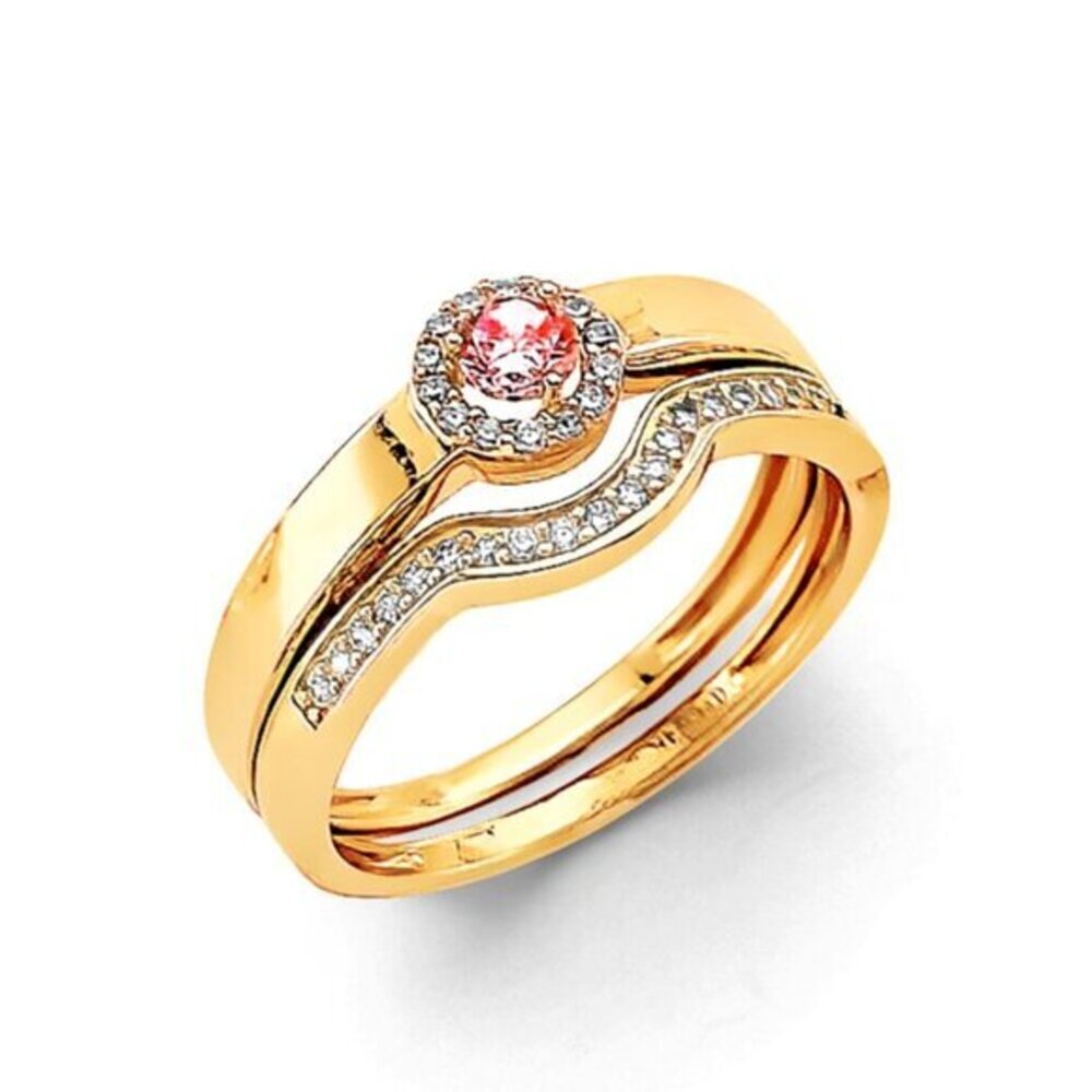 14K Yellow Gold Pink CZ Engagement Ring and Wedding Band Set Promise Ring​